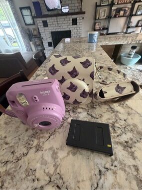 Polaroid Instax-style Pink Instant Camera with Cream Cat Print Case